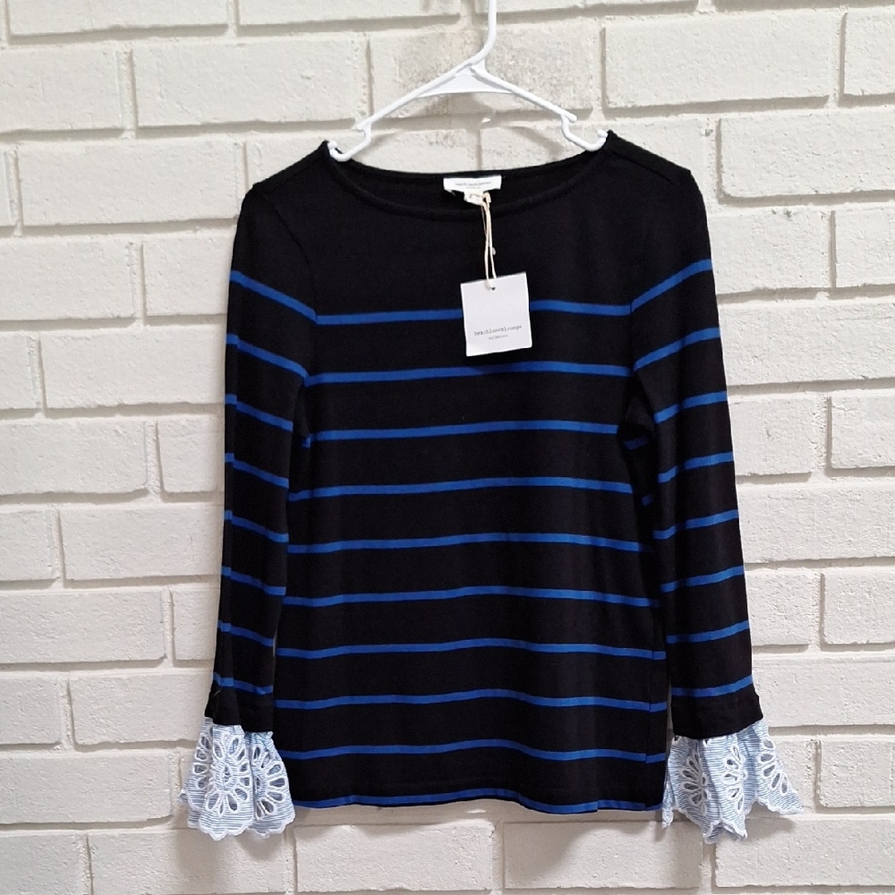 Beach Lunch Lounge Striped Black and Blue Top with Boho Lace Cuffs. Size XS NWT